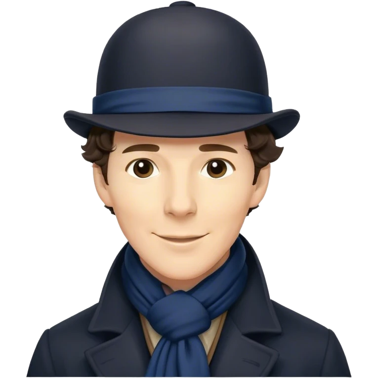 sherlock holmes benedict cumberbatch smile, wearing a deerstalker hat, Long dark coat, Dark suits, dark Blue scarf emoji