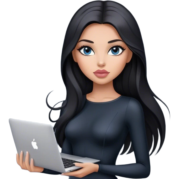 Glamours, tanned, very beautiful girl, with big pump peach-beige-rose lips, black straight smooth silky long hair, straight parting, blue-grey eyes, in black bodysuit holding MacBook emoji