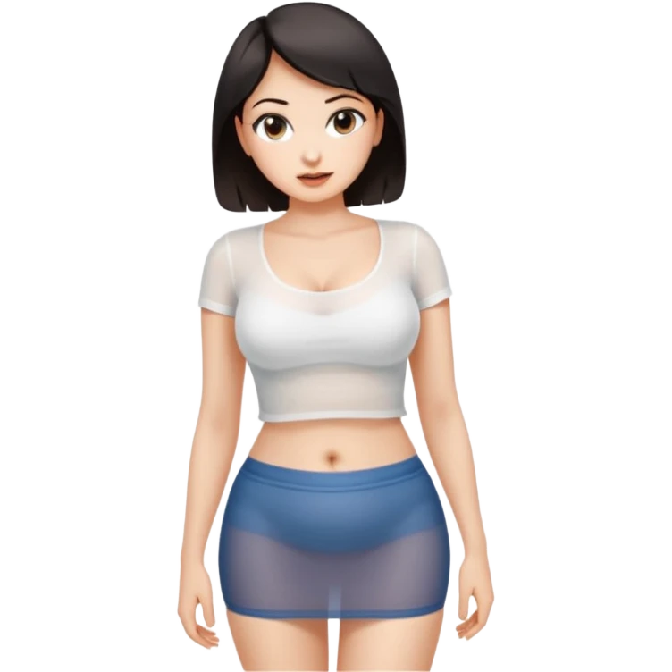 Sexy Mini skirt very short.  Her boobs are very large.  She is wearing a white half T-shirt that shows her belly button.  The shirt is tight and see-thru emoji