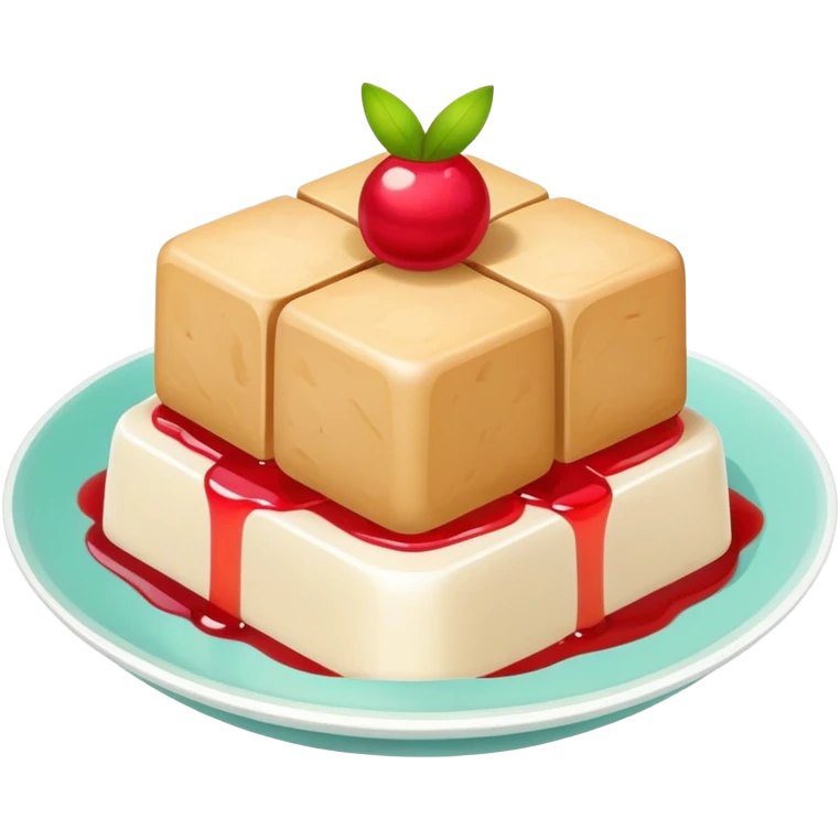 Almond tofu dessert with fruit topping, simplified emoji style with bold outlines and bright colors, cartoon style Xing Ren Doufu jelly emoji