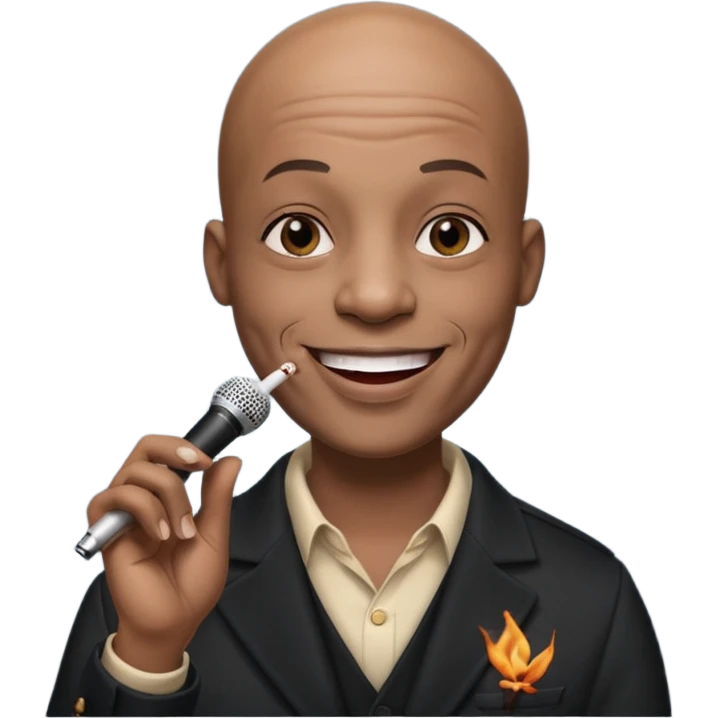 Black bald comedian holding mic and smoking a joint emoji