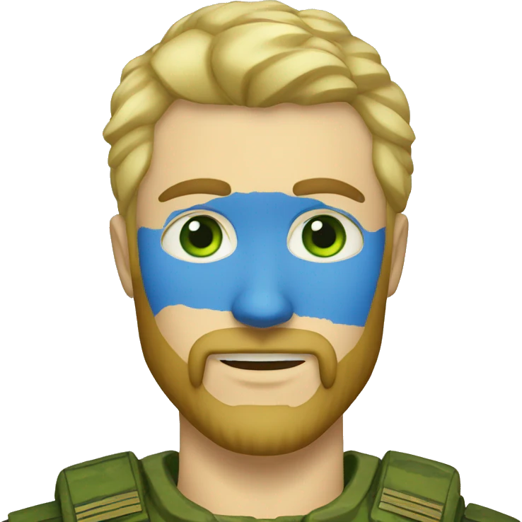 ukrainian military blonde man with a beard with green eyes with blue viking paint on the face  emoji