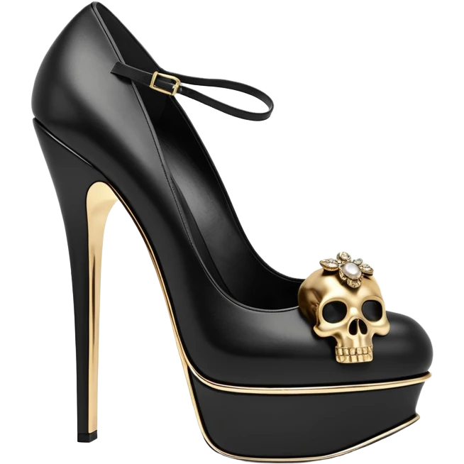 Alexander McQueen brand, high heel platforms, skull detail Luxury embellishments. 8k, 5000x5000px, 3D rendering, realistic, isolated still life, no emoji faces no emoji icons no human figures  emoji