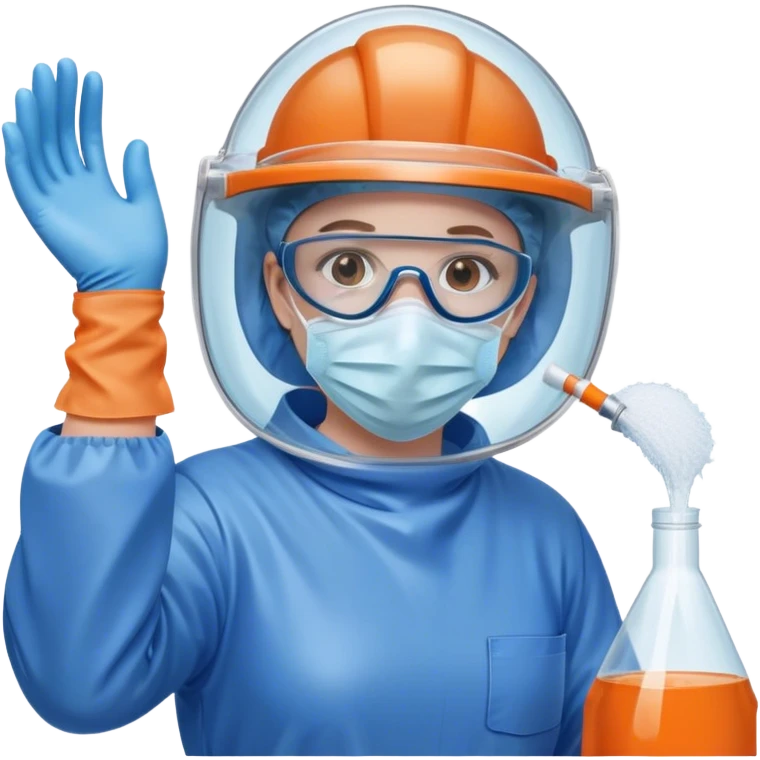 A meticulous cleanroom worker dressed in full protective gear, including a blue sterile suit, a face mask,  and orange gloves.  cleaning glasses with a wipe in one Hand emoji
