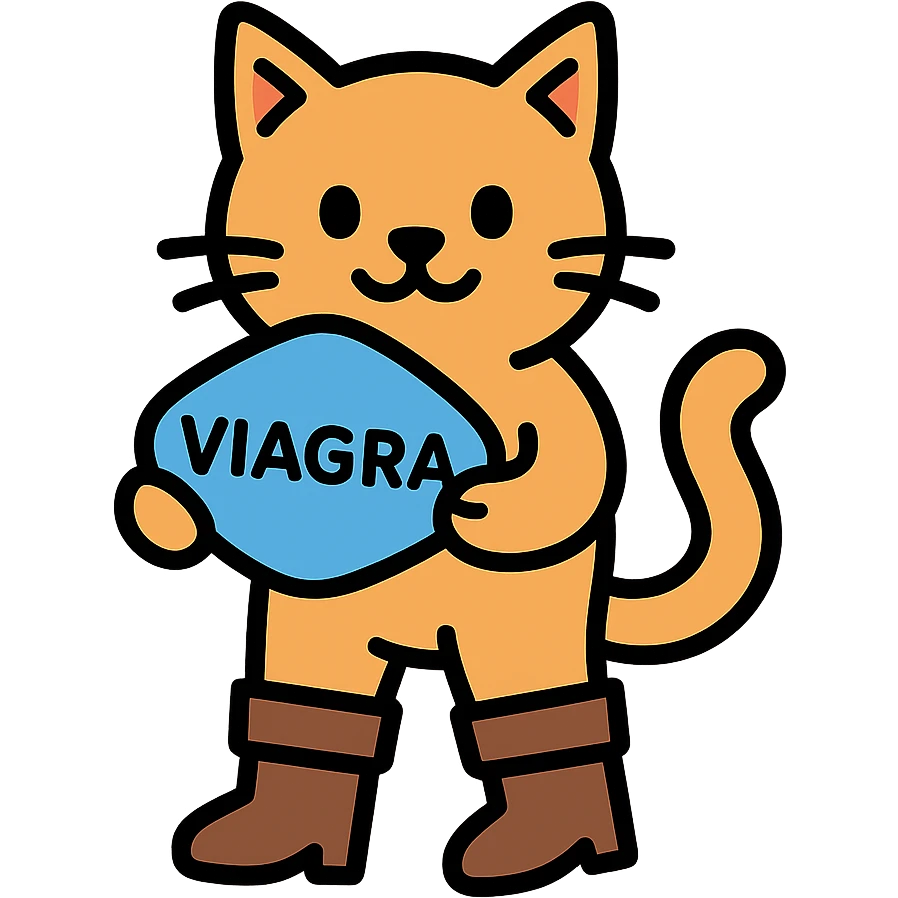 a cat in boots standing on its hind legs and holding a Viagra pill in its front paws emoji
