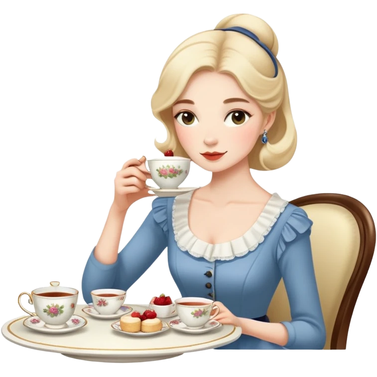 Elegant British girl drinking afternoon tea with scones and teacup, proper posture emoji