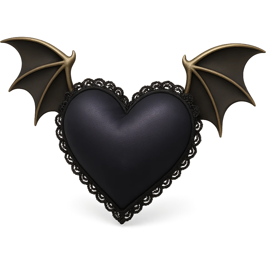gothic heart in 3D black style, deep indigo silk texture, silver bat wings, black lace trim, mysterious and elegant emoji