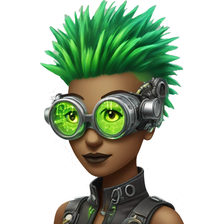 Neon green Mohawk hair female cyborg head with silver steampunk goggles and circuits emoji