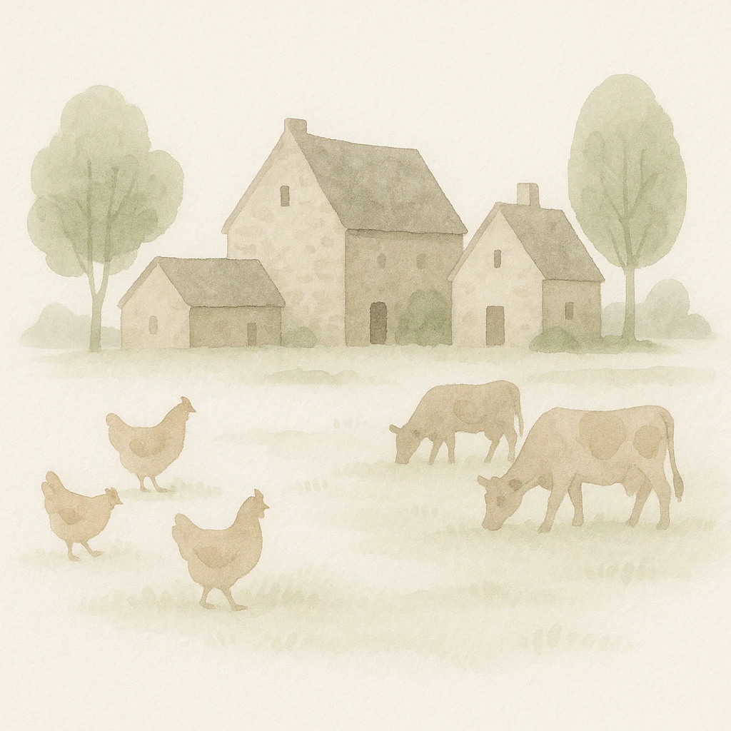 medieval farm watercolor style, stone houses, chickens and cows, trees and pasture, bucolic mood emoji