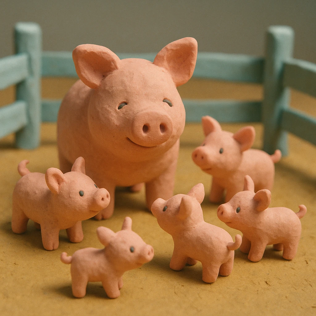 claymation style pig in a pig pen with several piglets, playful, pastel colors, visible fingerprints, textured look emoji