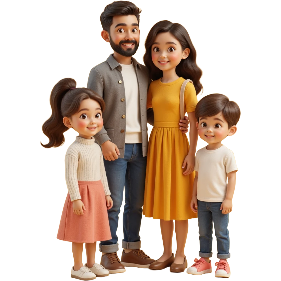 classic family photo with parents and two children standing together, realistic textures, soft lighting, skeuomorphism style emoji