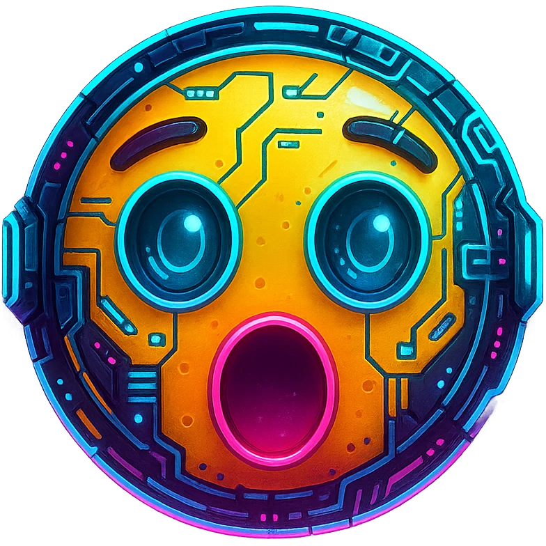 cyberpunk style emoji face with a surprised expression, neon colors, futuristic details emoji
