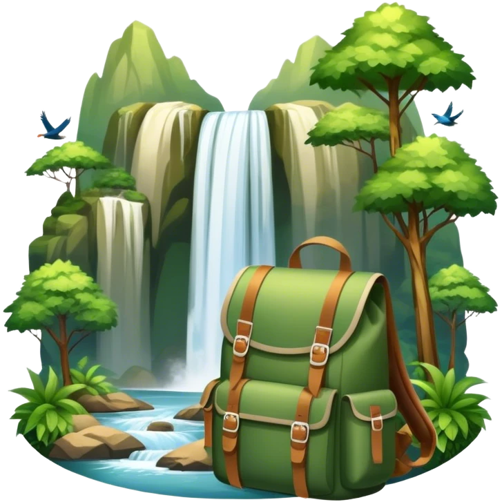 Icon for Ecotourism: lightweight hiking backpack and a scenic landscape with lush green forests, a waterfall, and wildlife, such as birds or animals in background. Transparent background. emoji