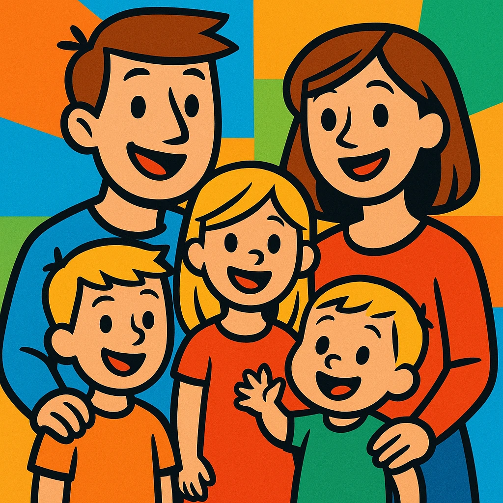 Create a vibrant cartoon style family of five: two parents with brown hair, one girl with blonde hair, one toddler boy with blonde hair, and one older boy with blonde hair. The look should be colorful and lively with a vibrant toon style. emoji