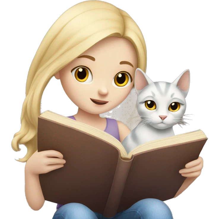 a pale skinned girl reading a book and a cat emoji