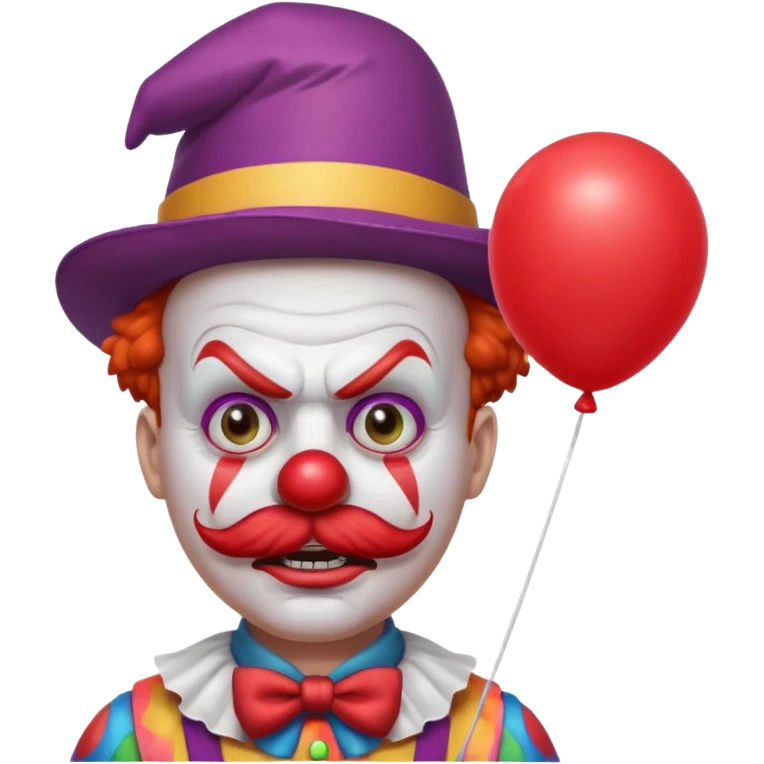 Angry clown — furrowed brow, mustache, tiny hat, hold red balloon emoji