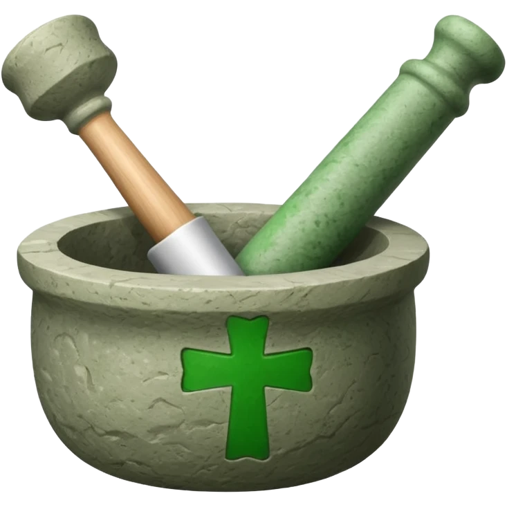 mortar with pestle, with green cross on mortar emoji