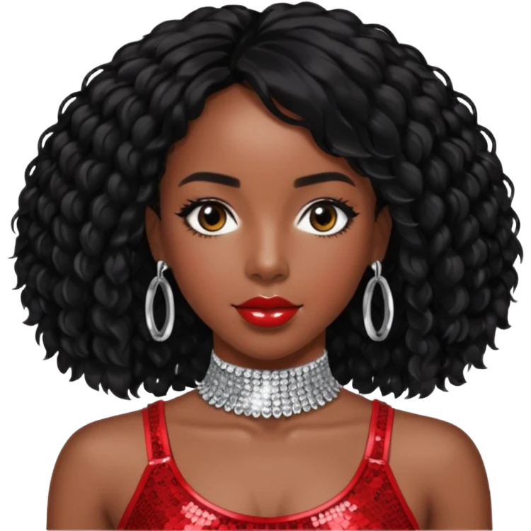 Kelly Rowland with black hair, red sequin crop top and neck bracelet emoji