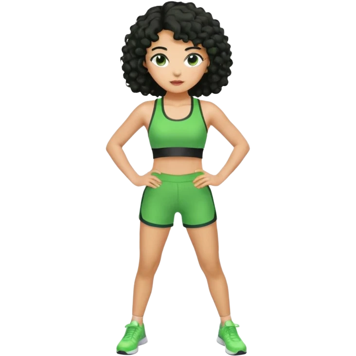 woman with olive skin and curly black hair wearing a green workout outfit (shorts) and standing in a disco pose emoji