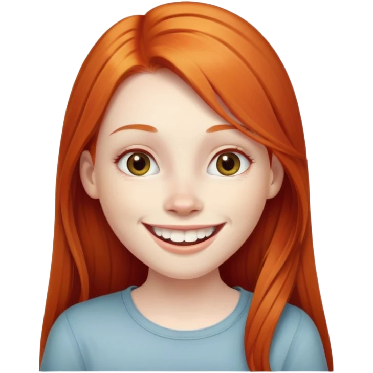 traditional emoji of young girl with very pale skin, long straight bright ginger red hair, regular human eyes (not cat-like), wide nose, big smile with extremely large prominent teeth showing, classic round face emoji