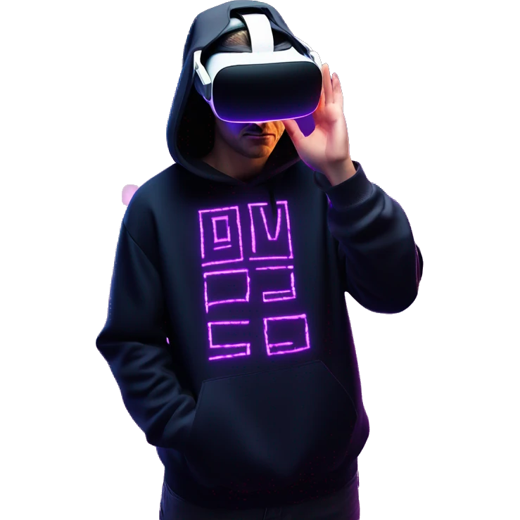 Russian man wearing a black hoodie with "OMG" letters on it and VR headset oculus quest 2 in a cyberpunk VR environment with violet neon lighting. Showing direction with hand emoji
