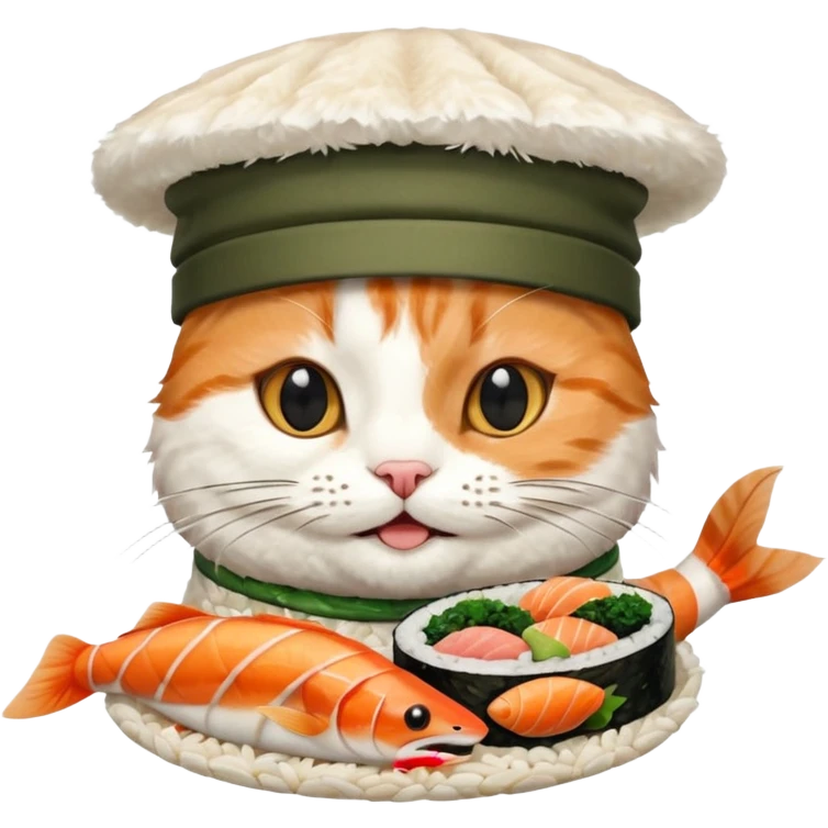 happy cat wearing a hat made out of sushi emoji