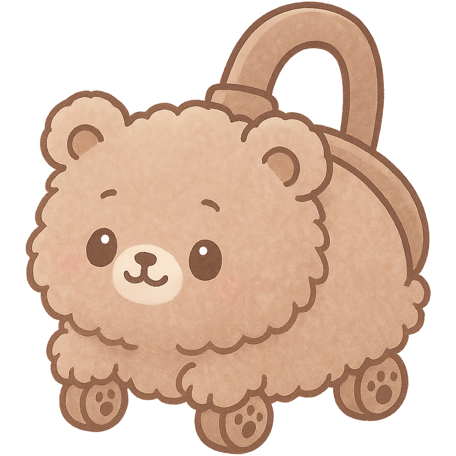 kawaii chibi style fluffy vacuum cleaner bear rolling adorably with tiny paw wheels, soft brown pastel, full-body emoji