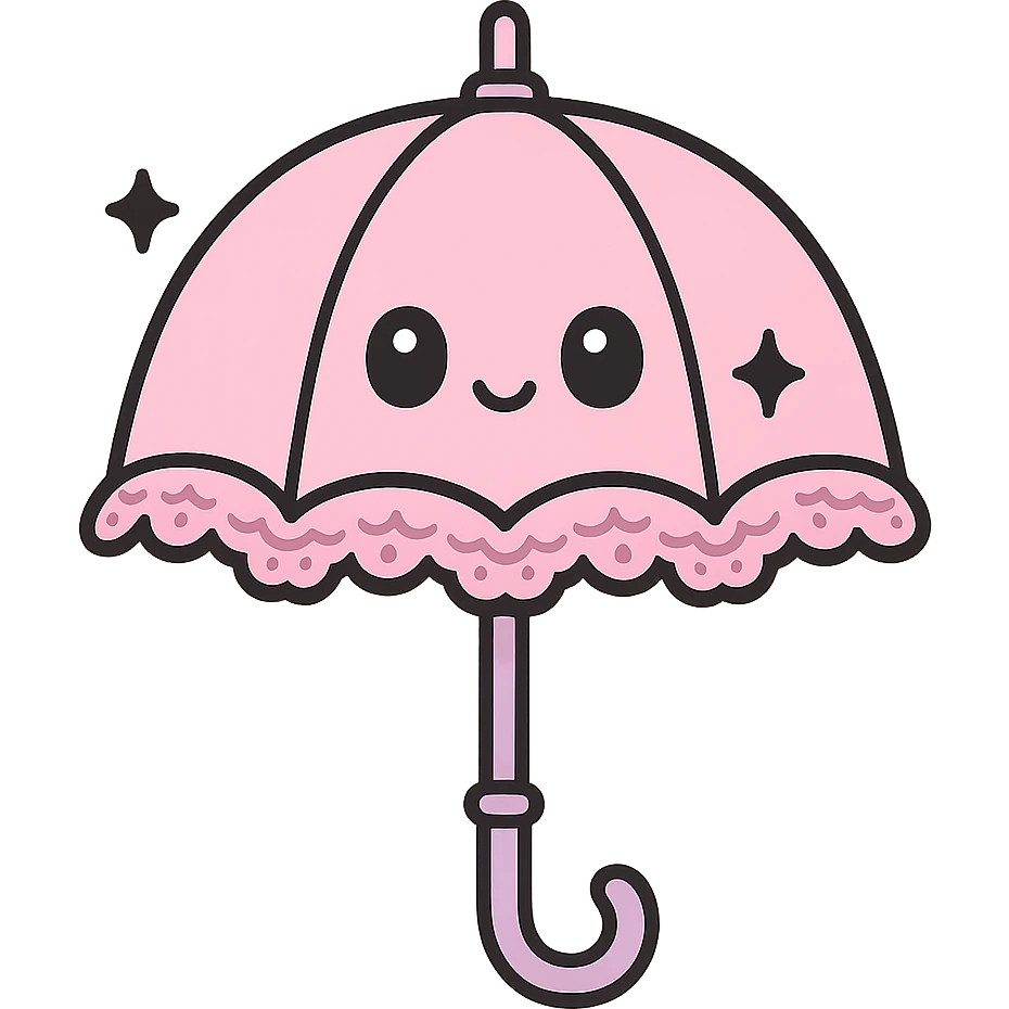 victorian parasol in pastel goth style, pastel pink lace, elegant handle, cute and dark emoji