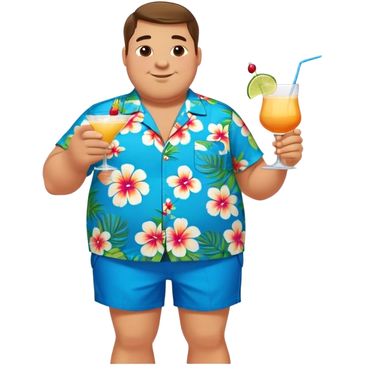 chubby guy full figure in a flowered azure havai shirt, brown shorts and flippers holding a cocktail emoji