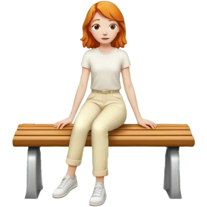 Scenic summer trees ginger girl sitting on bench wearing cream pants emoji