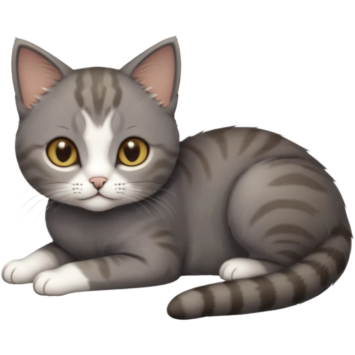 full body tiny short hair dark grey and 3/4 white cat with hazel eyes lying down emoji