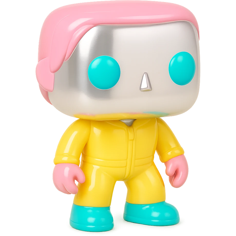 Add bright, fun, and saturated colors to the eyes, hair, and clothing of the Funko Pop figures, while keeping their skin and main finish chrome and shiny. The chrome effect should be clear and reflective, with the new colors applied only on the details to create a playful contrast. emoji
