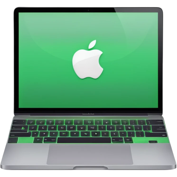 A macbook laptop front facing with its screen showing green screen. emoji