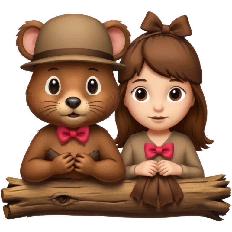a girl beaver and a boy beaver on a log. give the girl eyelashes and a bow on top of her head emoji