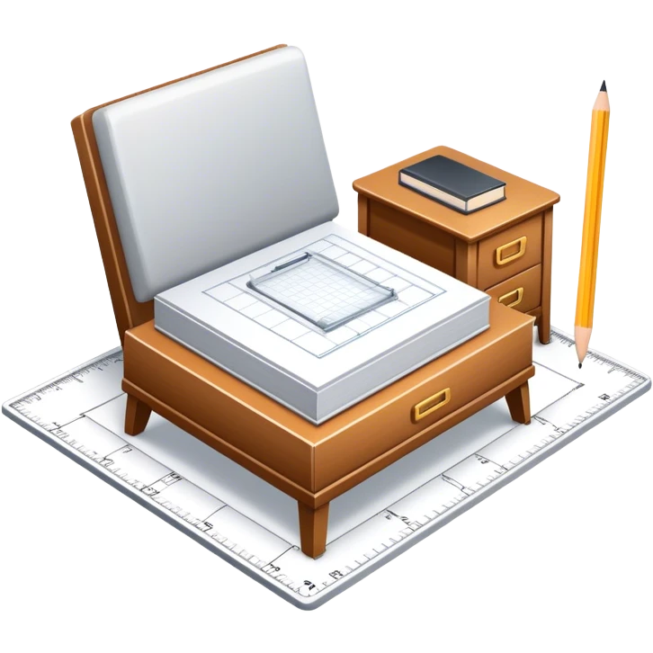 Icon for Furniture Design: a furniture drawing with 3D models of furniture pieces placed on top, accompanied by rulers and a pencil. The icon should represent the design process with focus on precision and modeling. Transparent background. emoji
