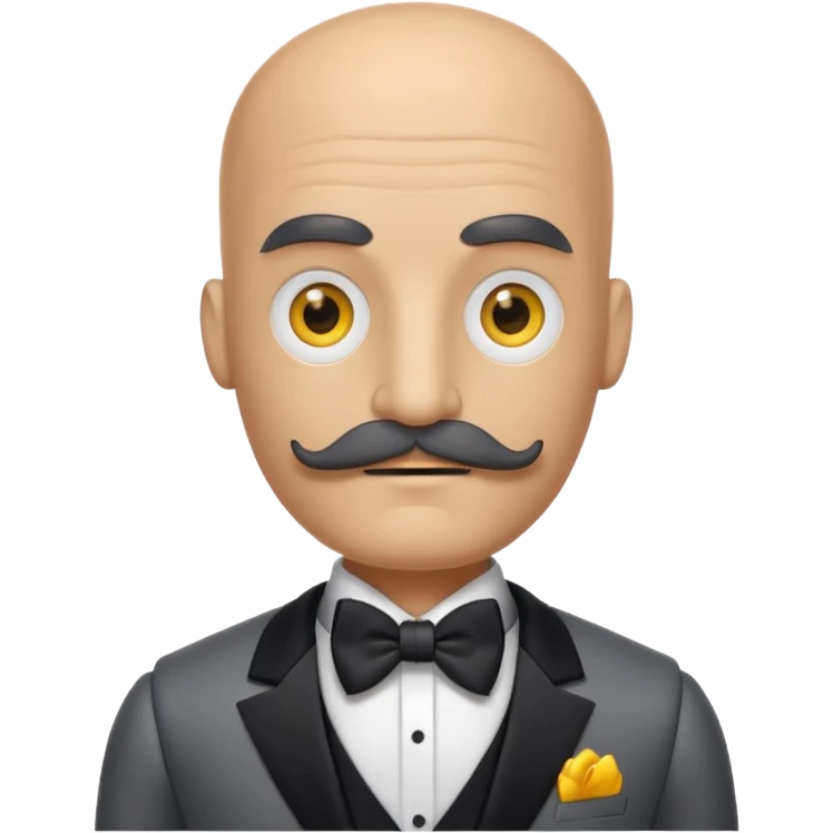Gray robot with thick moustache, no hair, yellow eyes without pupils, wearing a tuxedo, buff emoji