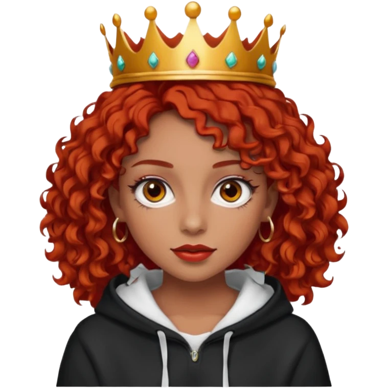Slim girl with a fine face, dark chocolate-colored and tanned skin, medium-length curly tomato-red hair, dark eyes, medium-thick eyelashes, and a crown and hoop earrings wearing a white hooded sweatshirt.
 emoji