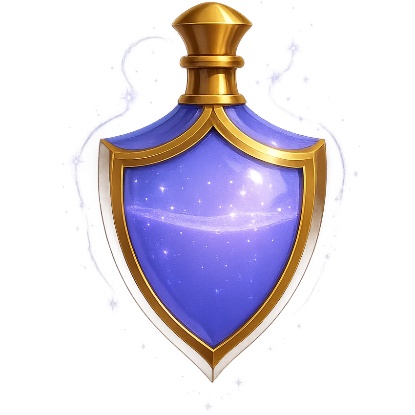 shield-shaped luxurious elixir bottle, inspired by the reference, color #7986cb, gold details, magical glowing effects, very small golden neck, seamless bottom, transparent background, floating, no base or shadow, modern, matching a collection emoji