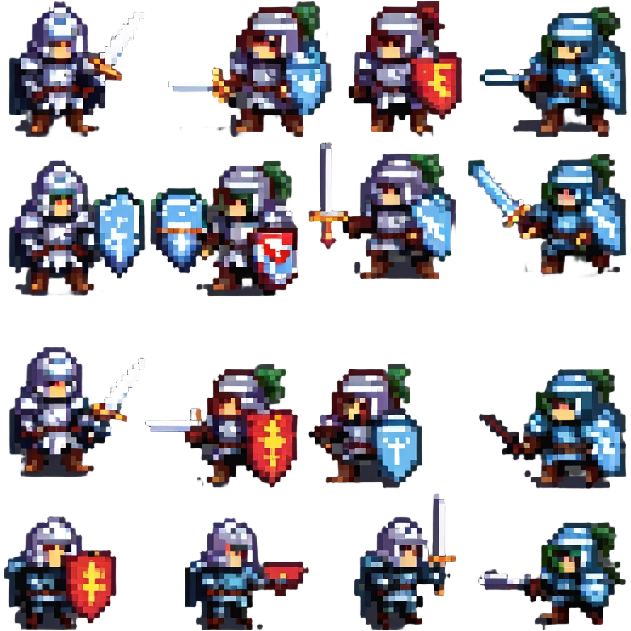 pixel art sprite sheet of a knight attacking and defending animation frames 8-bit NES style emoji
