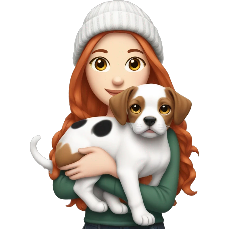 Long Red haired white woman in beanie with holding both a black and white English Staffordshire puppy and tabby cat emoji