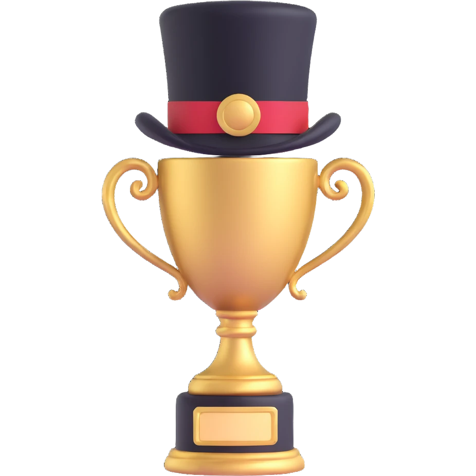 golden trophy with black top hat as the cup, #1 engraved on the front emoji
