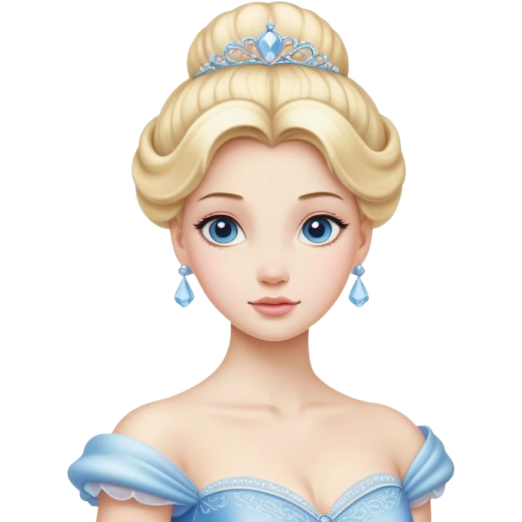 Cinematic Realistic Cinderella Portrait, depicted with lifelike porcelain skin, elegantly styled blonde hair, and a serene, graceful expression. Dressed in her classic ball gown with intricately detailed fabric textures and delicate pastel hues that catch soft, natural lighting, this portrait captures the timeless beauty of a fairy tale princess. emoji