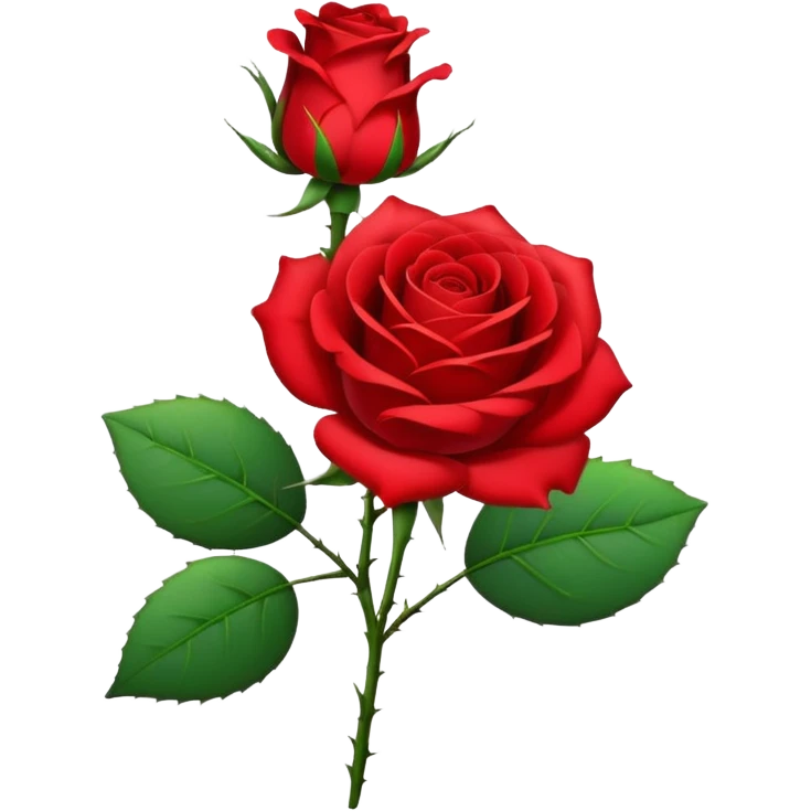 Generate a high-quality image of a single rose flower with stem and leaves, with very small and subtle thorns, realistic color and shading, smooth gradient colors, no human figures, no facial features, no brand markings, simple white background, high-resolution.

 emoji