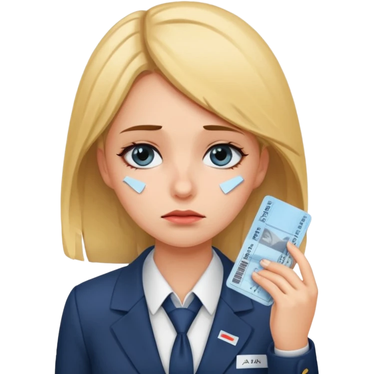 Девушка в офисном костюме, грустная, с билетами на самолет в руках  emoji