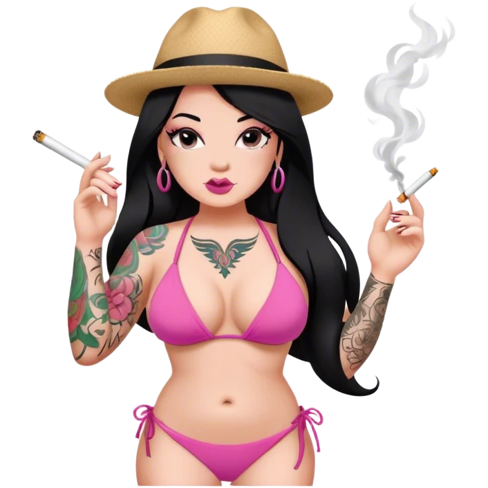 caucasian curvy girl, with tattoos, in pink bikini, smoking, with a long straight black hair  emoji