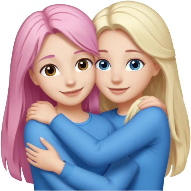 four white grips hugging and smiling    2 girls with brown eyes and long dark brown hair. One girl with long light pink hair and blue eyes, one girl with blue eyes and light blonde hair emoji