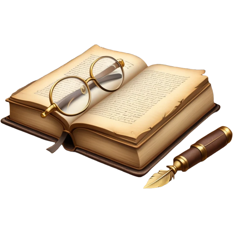 An icon featuring an open book with classic text, a feather quill, and reading glasses, symbolizing literary studies. The design includes old library shelves and vintage manuscripts in the background. Transparent background emphasizes the deep analysis of written works and literary history. emoji