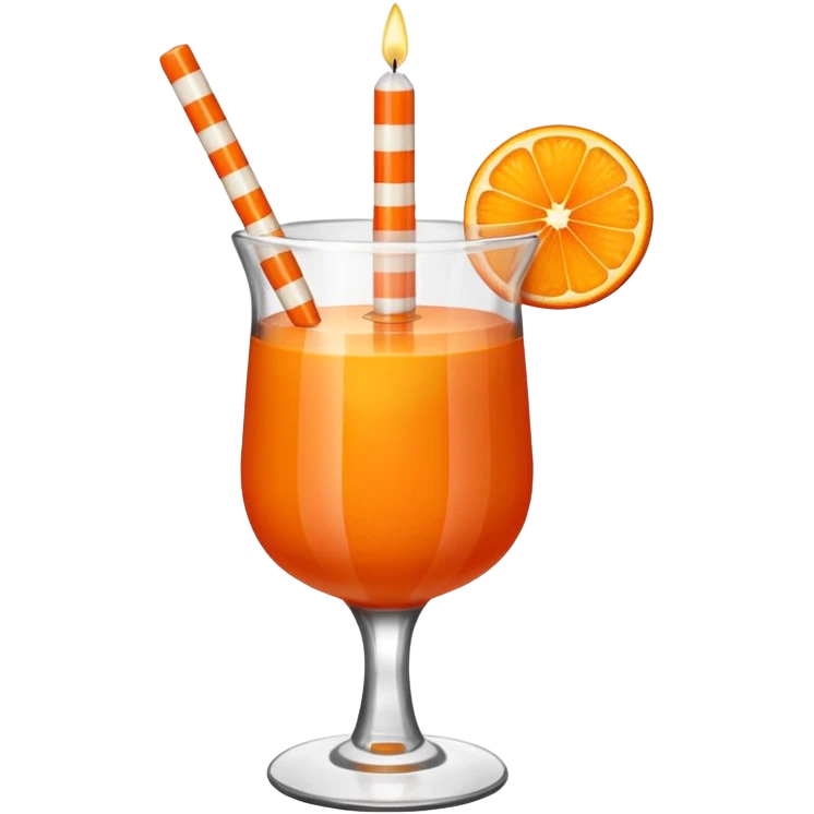 An orange fruit with a horizontal red stripe around the middle. 4 vertical cocktail sticks in the orange with small pieces of candy on the sticks. On top of the orange a small white lit candle. emoji
