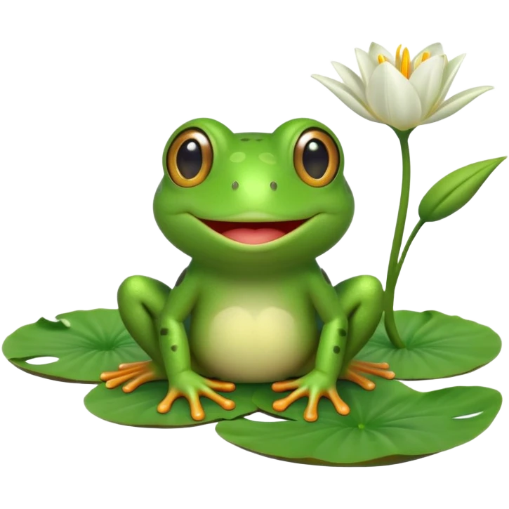 A cute 3D cartoon frog sitting on a lily pad, bright green skin, big friendly eyes, smiling face, soft natural lighting, Memoji-style rendering. emoji