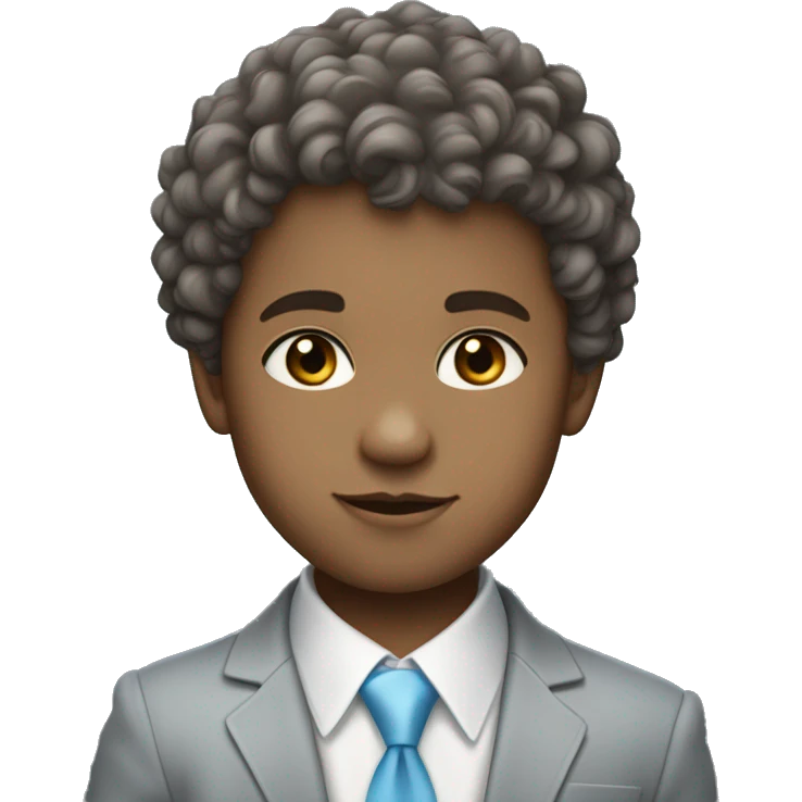 Little young  gentleman wearing a grey suit with white shirt and baby blue tie with bue grey eyes , light skin and brown curly hair  emoji